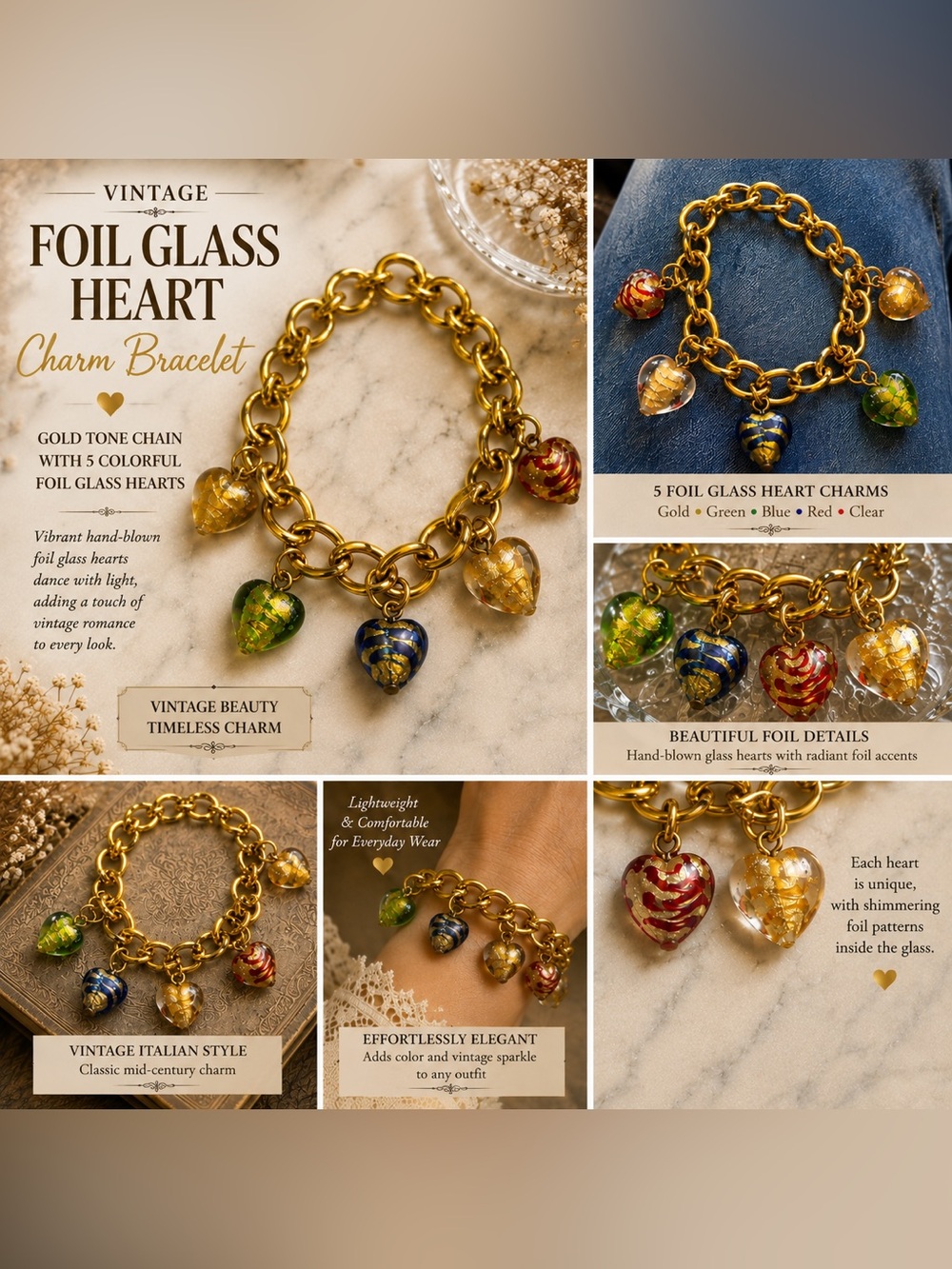 Vintage Murano-Style Glass Charm Bracelet